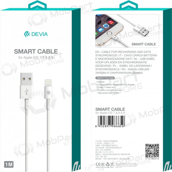 USB kaapeli Devia Smart Lightning 2.0m (valkoinen)