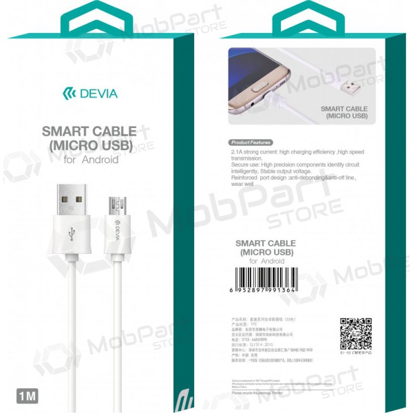 USB kaapeli Devia Smart microUSB 1.0m (valkoinen)