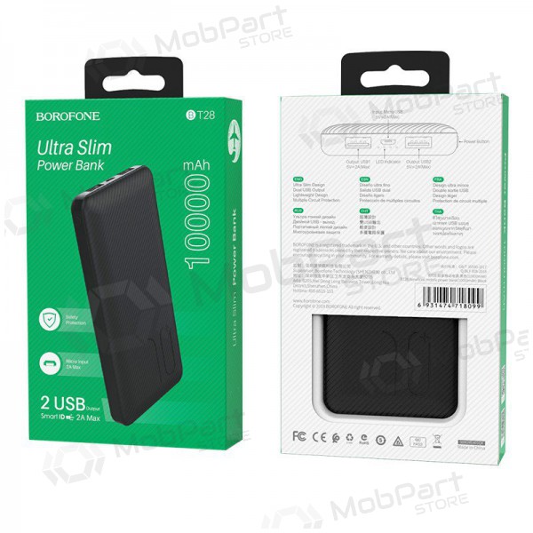Ulkoinen paristo Power Bank Borofone BT28 Ultra Slim 10000mAh musta Ulkoinen paristo Power Bank Borofone BT28 Ultra Slim 10000mAh musta