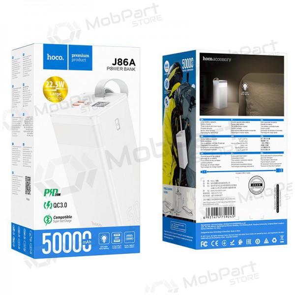 Ulkoinen paristo Power Bank Hoco J86A 22.5W Quick Charge 3.0 50000mAh valkoinen Ulkoinen paristo Power Bank Hoco J86A 22.5W Quick Charge 3.0 50000mAh valkoinen