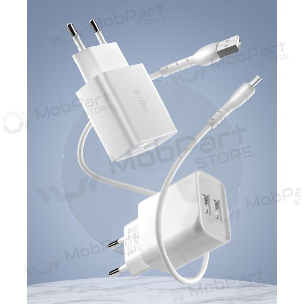 Laturi Devia Smart x 2 USB (2.4A) + MicroUSB, (valkoinen)