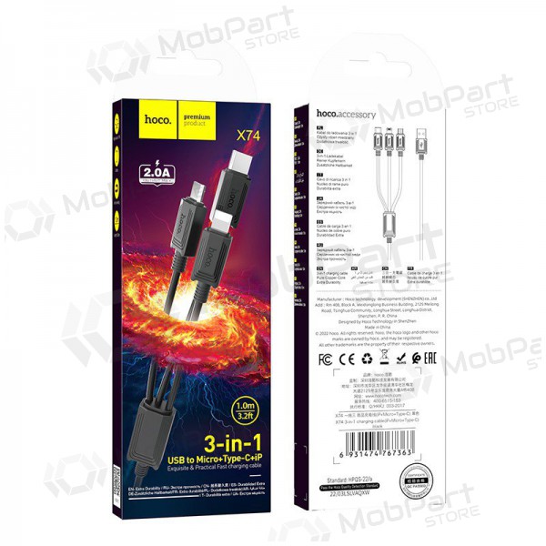 USB kaapeli Hoco X74 3in1 microUSB-Lightning-Type-C 1.0m (musta)