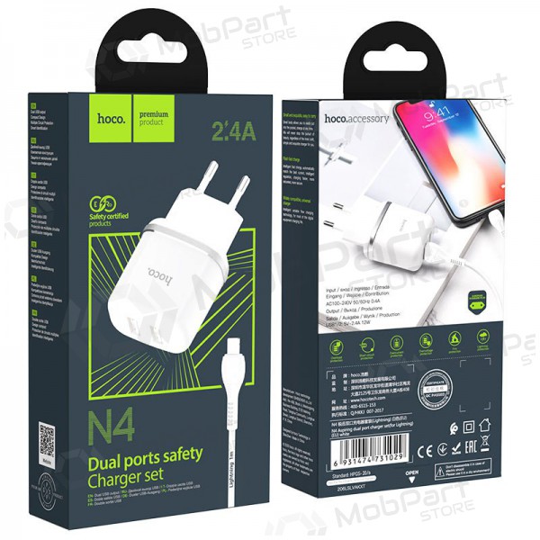 Laturi Hoco N4 X 2 USB  jungtimis + Lightning (2.4A) (valkoinen)