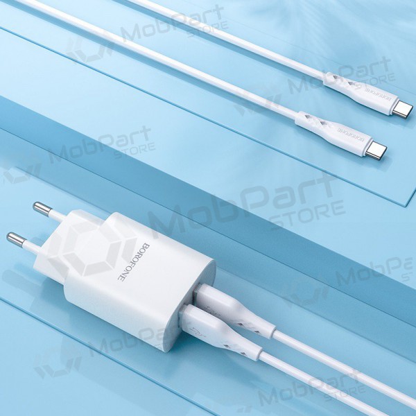 Laturi Borofone BN2 2xUSB 2.1A + USB Type-C (valkoinen)