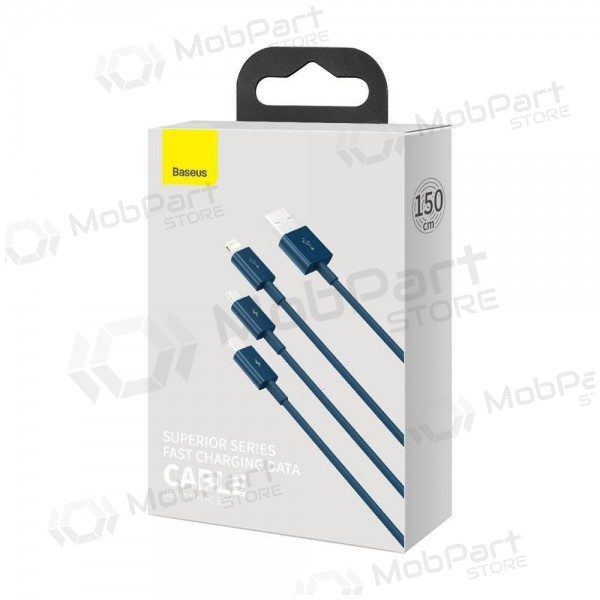 USB kaapeli Baseus Superior USB - microUSB+Lightning+Type-C 100W 1.5m (sininen) CAMLTYS-03 USB kaapeli Baseus Superior USB - microUSB+Lightning+Type-C 100W 1.5m (sininen) CAMLTYS-03