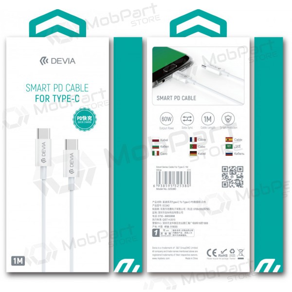 USB kaapeli Devia Smart PD Type-C -Type-C 20V 3.0A 60W (valkoinen)