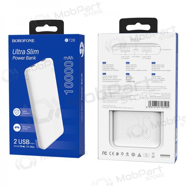 Ulkoinen paristo Power Bank Borofone BT28 Ultra Slim 10000mAh valkoinen Ulkoinen paristo Power Bank Borofone BT28 Ultra Slim 10000mAh valkoinen