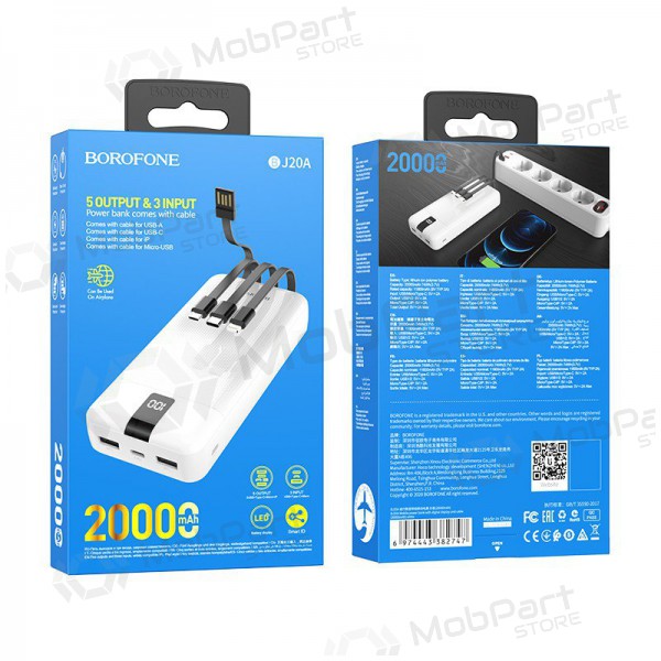 Ulkoinen paristo Power Bank Borofone BJ20A 5 Output 3 Input 20000mAh valkoinen Ulkoinen paristo Power Bank Borofone BJ20A 5 Output 3 Input 20000mAh valkoinen