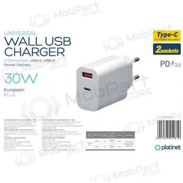 Platinet QuickCharge Type-C+USB 2.4A (30W) laturi