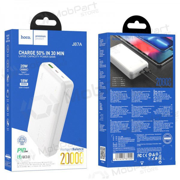 Ulkoinen paristo Power Bank Hoco J87A Type-C PD 20W+Quick Charge 3.0 20000mAh valkoinen