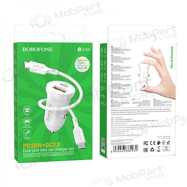 Laturi automobilinis Borofone BZ18A USB-A/Type-C PD20W+QC3.0 + Type-C (valkoinen)