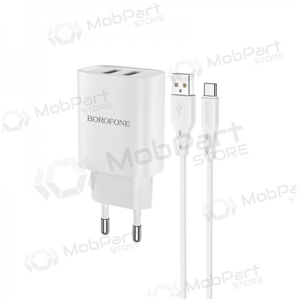 Laturi Borofone BN2 2xUSB 2.1A + USB Type-C (valkoinen)