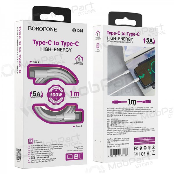 USB kaapeli Borofone BX44 Type-C - Type-C 100W 1.0m (valkoinen)