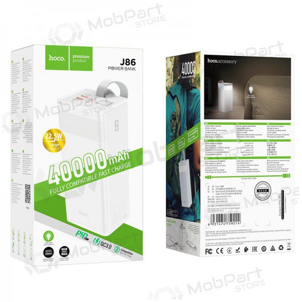 Ulkoinen paristo Power Bank Hoco J86 22.5W Quick Charge 3.0 40000mAh valkoinen Ulkoinen paristo Power Bank Hoco J86 22.5W Quick Charge 3.0 40000mAh valkoinen