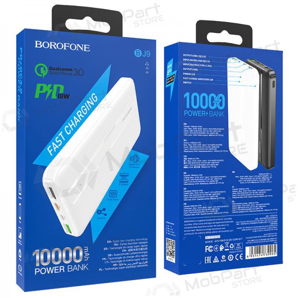 Ulkoinen paristo Power Bank Borofone BJ9 Type-C PD+Quick Charge 3.0 (3A) 10000mAh valkoinen