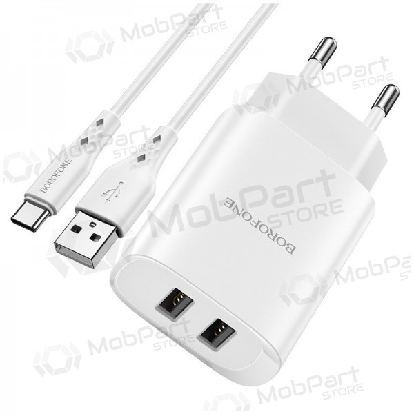 Laturi Borofone BN2 2xUSB 2.1A + USB Type-C (valkoinen)