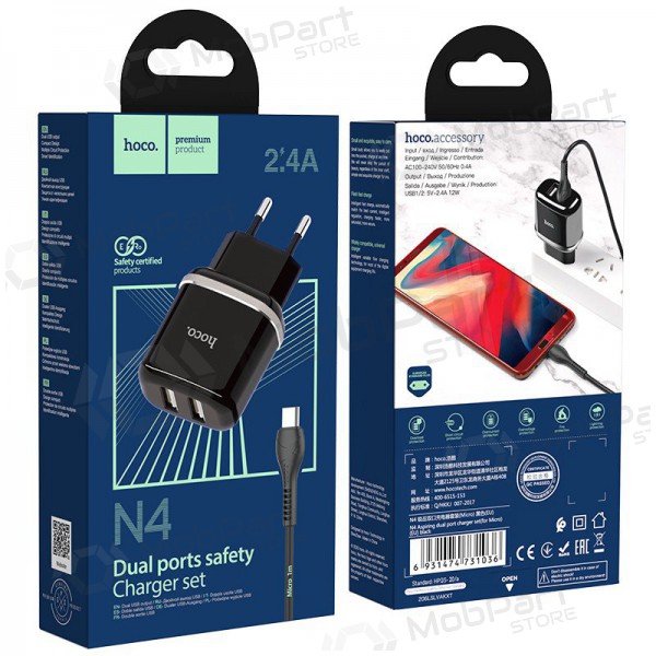Laturi Hoco N4 + microUSB (2.4A) (musta)