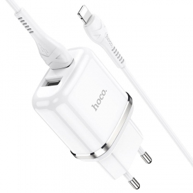 Laturi Hoco N4 X 2 USB  jungtimis + Lightning (2.4A) (valkoinen)