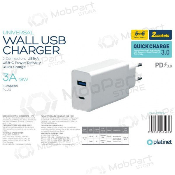 Platinet QuickCharge Type-C+USB 3.0A (18W) laturi