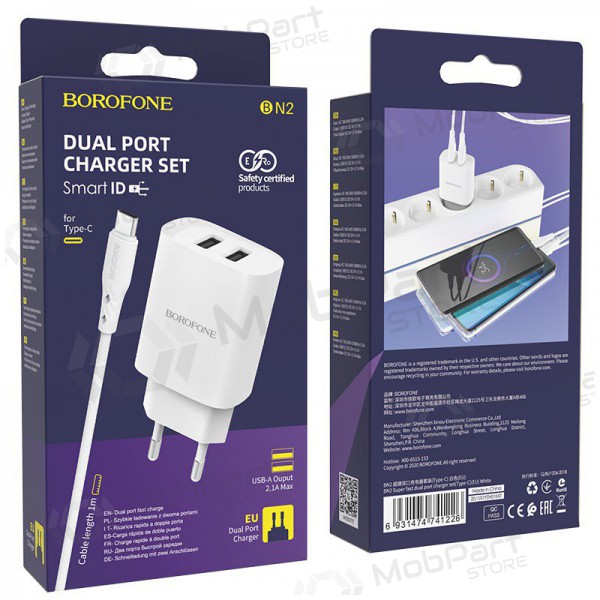 Laturi Borofone BN2 2xUSB 2.1A + USB Type-C (valkoinen)