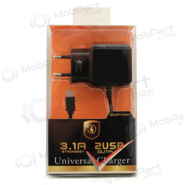 Laturi F13c FastCharging x 2 USB (3.1A) + microUSB (musta)
