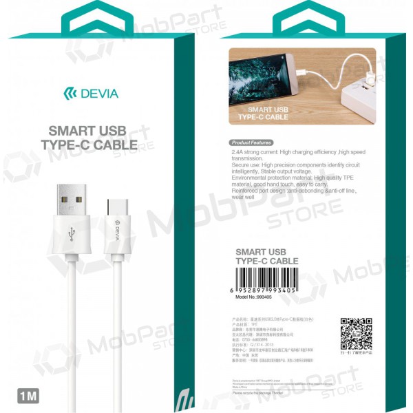 USB kaapeli Devia Smart Type-C 1.0m (valkoinen)