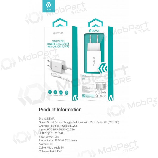 Laturi Devia Smart x 2 USB (2.4A) + MicroUSB, (valkoinen)