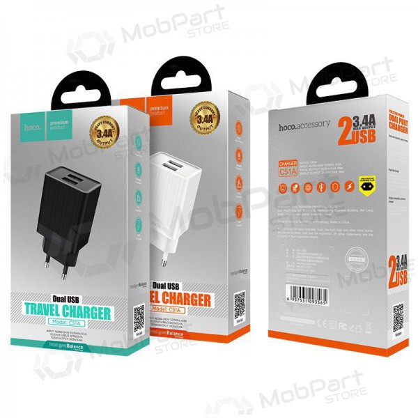 Laturi HOCO C51A Prestige power Dual USB (5V 3.4A) (valkoinen)