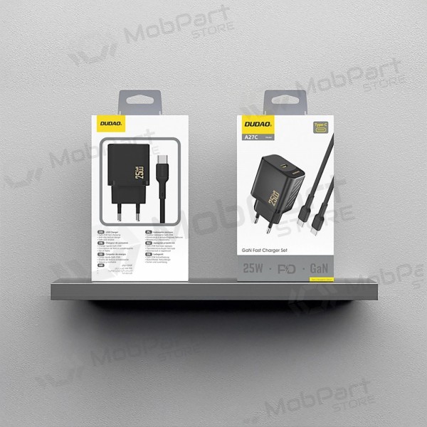 Laturi Dudao A27C GaN 25W USB-C + USB-C to USB-C -kaapeli 1.0m musta