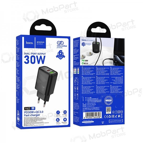 Puhelinlaturi Hoco N63 30 W GaN USB-C + USB-A musta