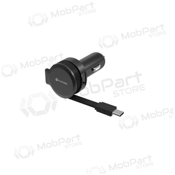 Autolaturi Platinet su Type-C laidu (1xUSB 2.4A) (musta)