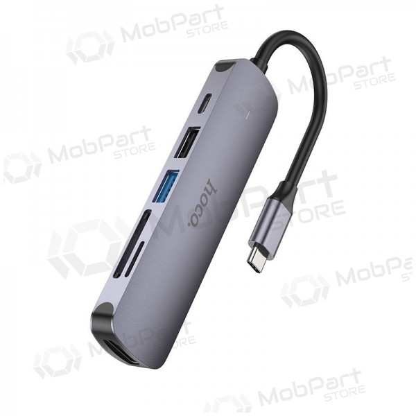 USB-C-sovitin Hoco HB28 USB-C–HDMI + USB 3.0 + USB 2.0 + SD + TF + PD harmaa