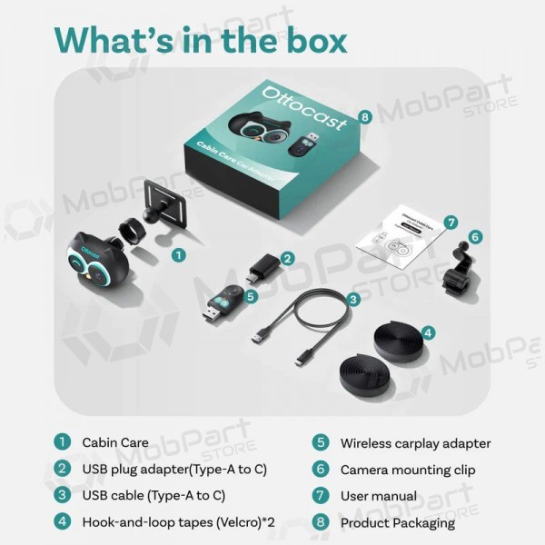 Langaton CarPlay-adapteri Ottocast Cabin Care CA520-T lastenhoitotoiminnolla, musta
