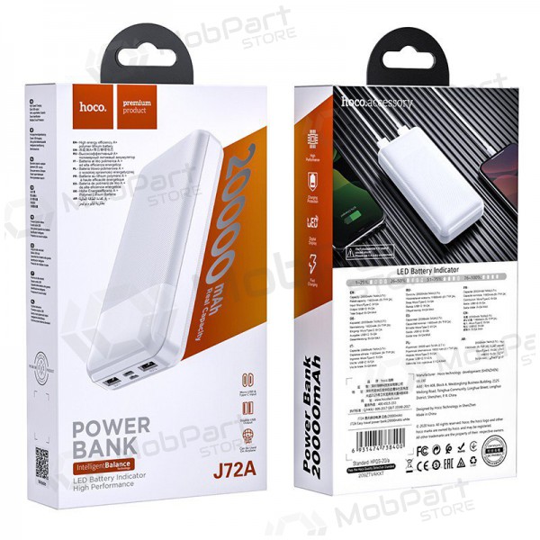 Ulkoinen paristo Power Bank Hoco J72A 20000mAh valkoinen