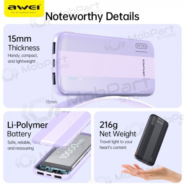 Ulkoinen paristo Power Bank Awei P20K 5V/2.4A 10000mAh musta