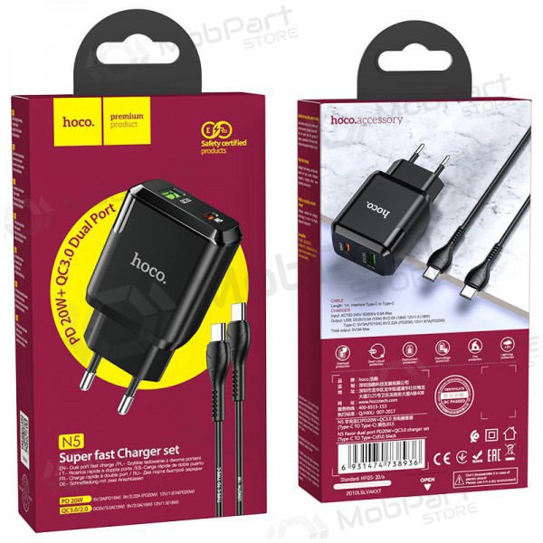 Laturi Hoco N5 USB Quick Charge 3.0 + PD 20W (3.1A) + Type-C-Type-C (musta)