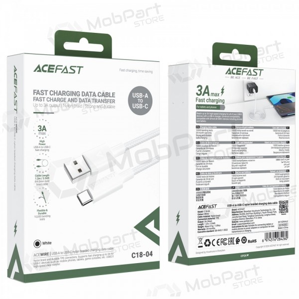 USB kaapeli Acefast C18-04 USB-A to USB-C 1.2m valkoinen