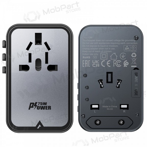 Yleinen kelioninis laturi Acefast Z1 75W GaN 2xUSB-A/3xUSB-C musta