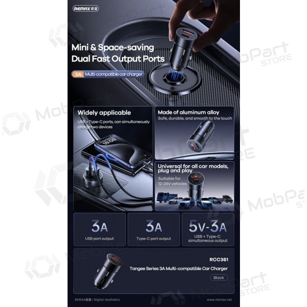Autolaturi Remax RCC361 15W USB-C/USB-A musta