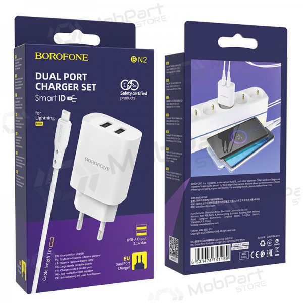 Laturi Borofone BN2 2xUSB 2.1A + Lightning (valkoinen)