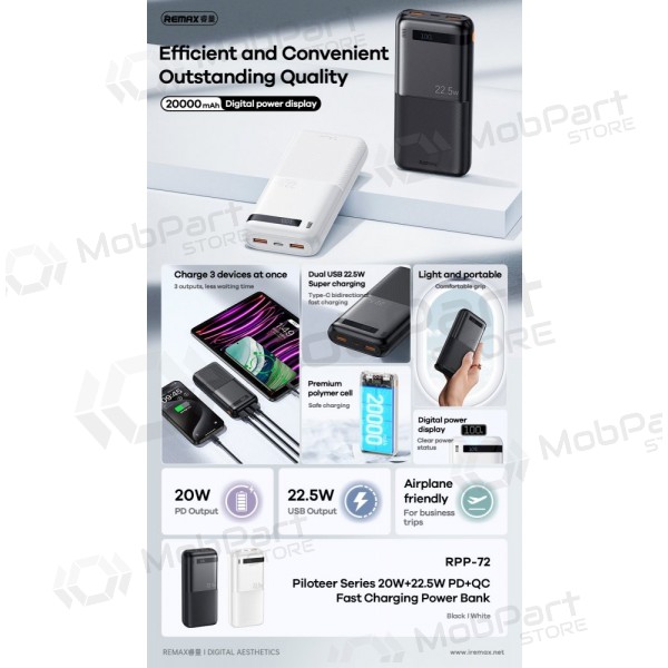 Ulkoinen paristo Power Bank Remax RPP-72 22.5W 20000mAh musta
