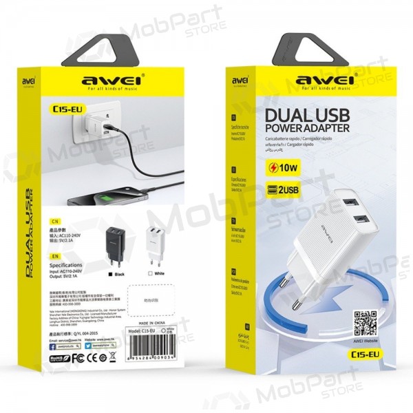 Laturi Awei C15T-EU 2xUSB-A 10W + USB to USB-C cable valkoinen