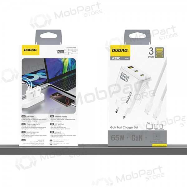 Puhelimen laturi Dudao A28PC 45 W GaN 2x USB-C ja USB-C-kaapeli 1 m musta