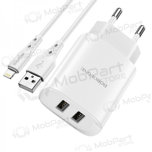 Laturi Borofone BN2 2xUSB 2.1A + Lightning (valkoinen)