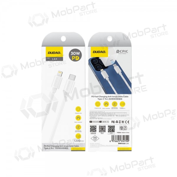 Lightning-kaapeli Dudao L4X USB-C–Lightning 1,2 m 30 W valkoinen