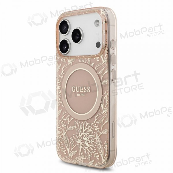 Apple iPhone 18 Pro kotelo - Guess IML Flowers Allover Strap MagSafe (vaaleanpunainen)