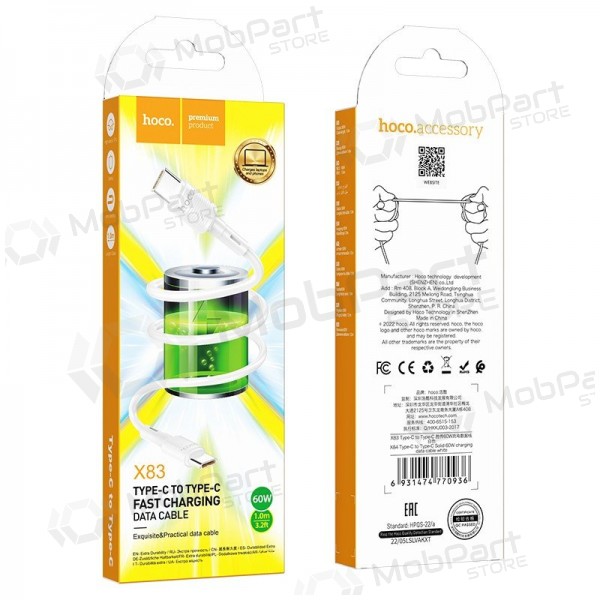 USB kaapeli Hoco X83 60W Type-C to Type-C 1.0m valkoinen