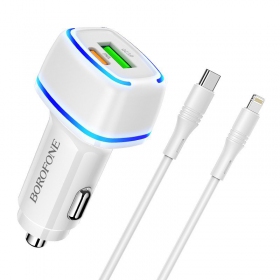 Laturi automobilinis Borofone BZ14A PD20W+QC3.0 x 2 USB (Type-C to Lightning) (valkoinen)
