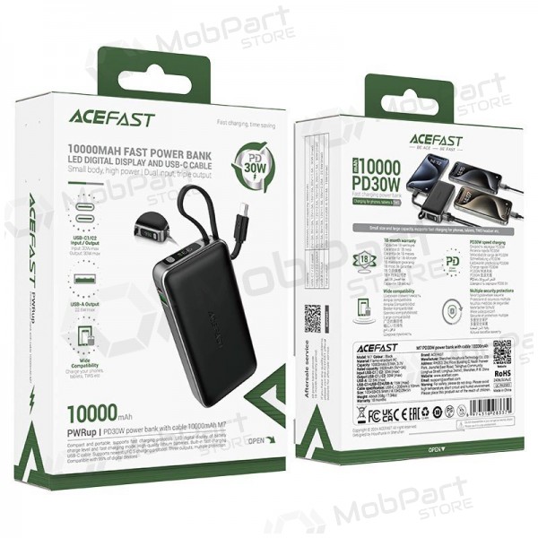 Ulkoinen paristo Power Bank Acefast M7-10000 PD30W With Cable 10000mAh musta