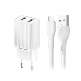 Laturi Awei C15T-EU 2xUSB-A 10W + USB to USB-C cable valkoinen